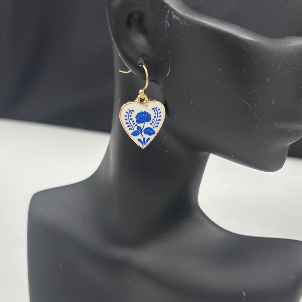 Gold-Tone Heart Floral Drop Earrings in Blue and White